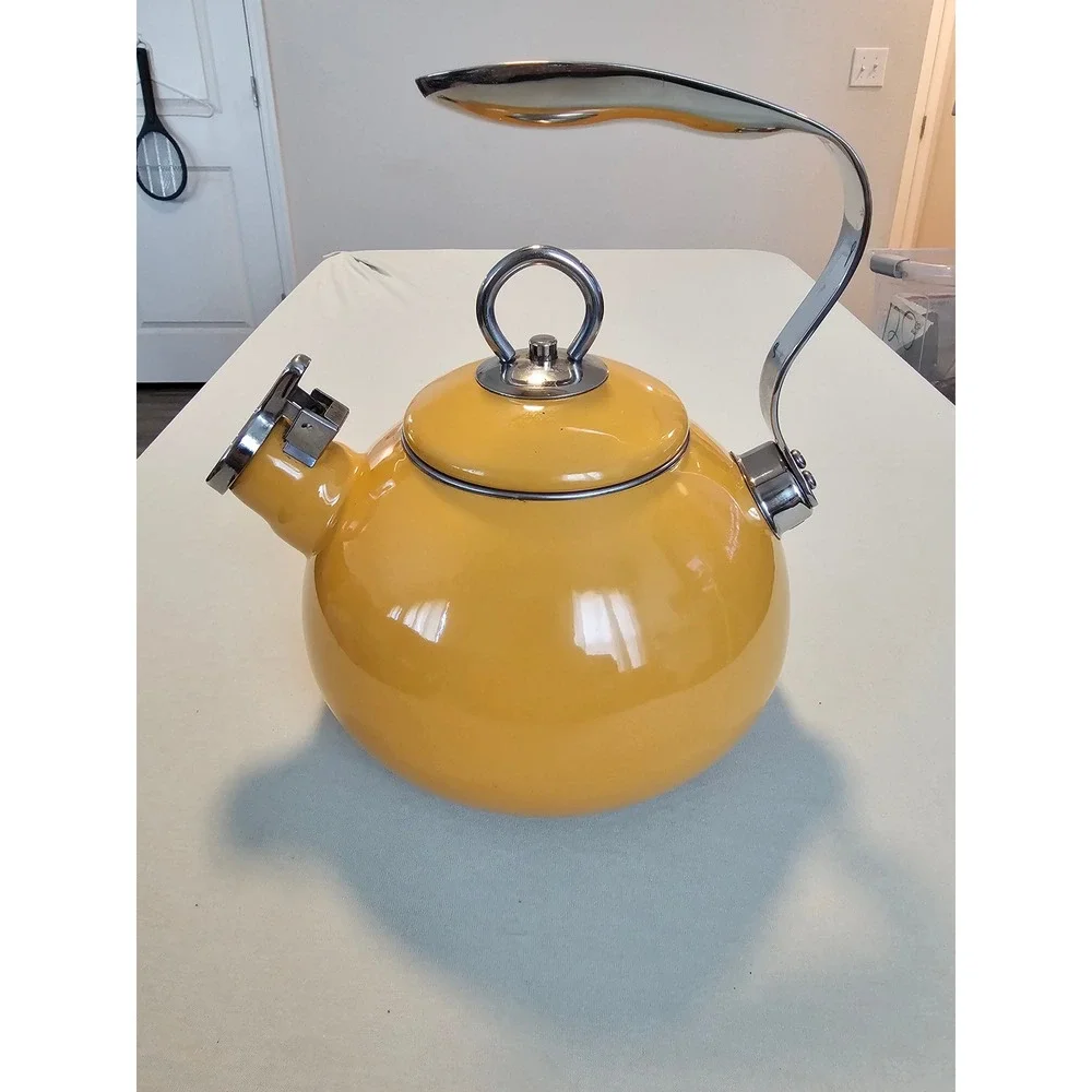 Tivoli Yellow Enamel Whistling Tea Kettle Stainless Steel Handle Stovetop Teapot